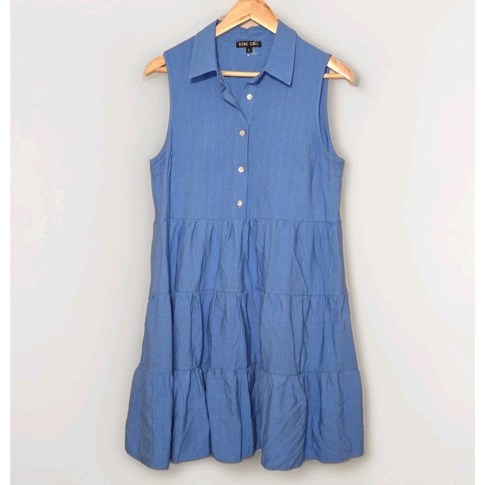 Boho Chic Collared Button Back Blue Tiered Sleeveless Dress Women’s L Vacation